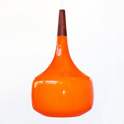 danish orange glass and teak lamp shade pendant ceiling light 1960